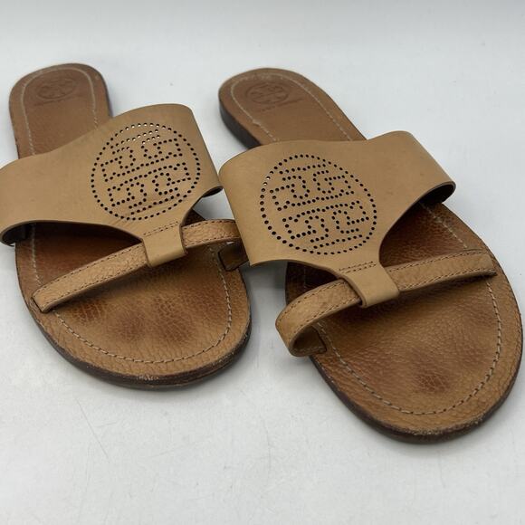 Womens Tory Burch Slip On Slide Sandals Leather Tan Perforated Logo Size 10.5 - Picture 2 of 9